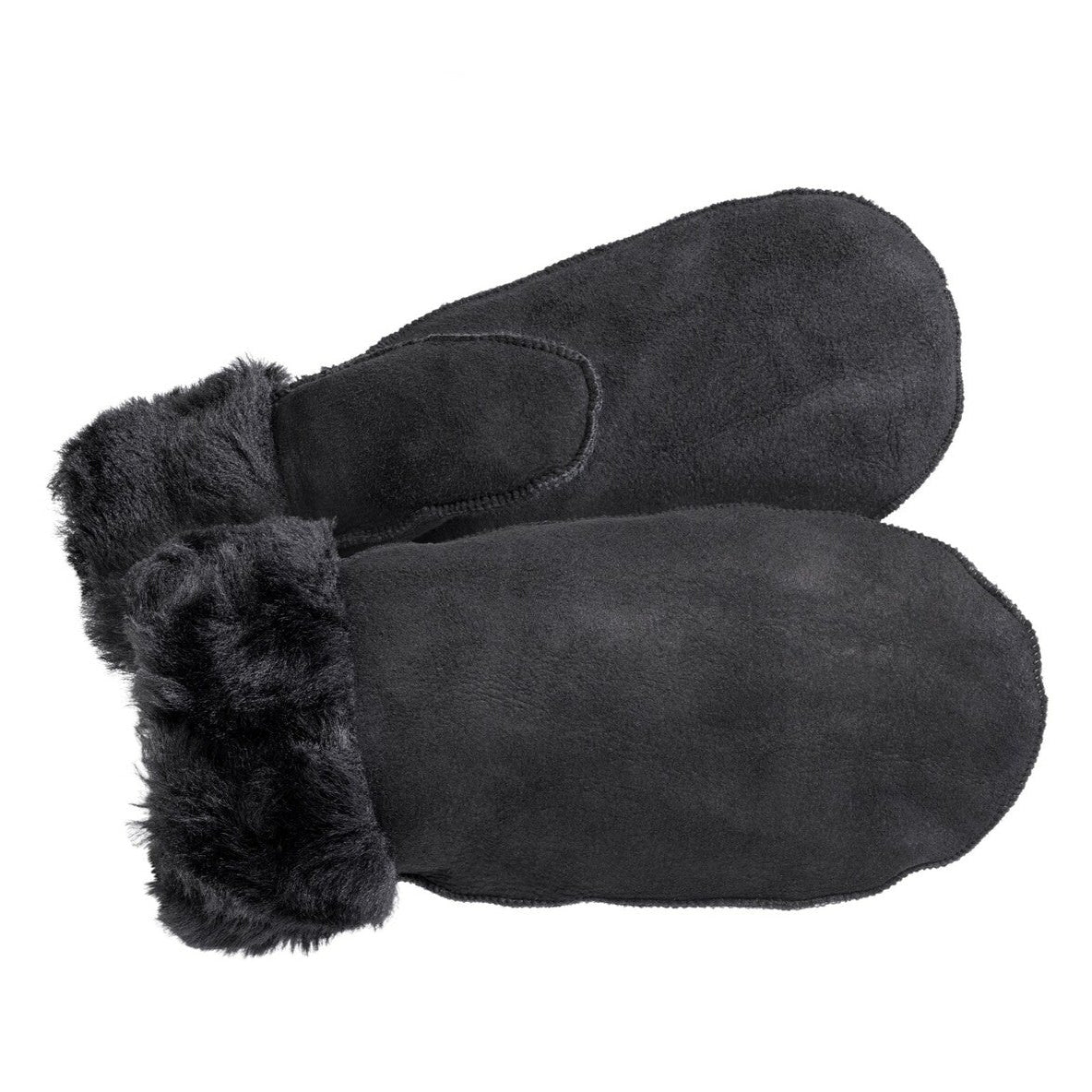 Svarta fårskinnsvantar med och vikbar mudd, unisexmodell för dam och herr, perfekta för kalla vinterdagar.