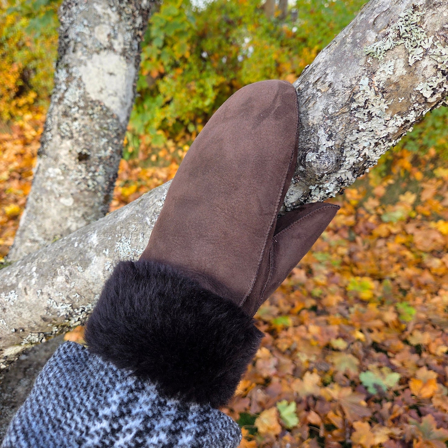 Handgjorda bruna fårskinnsvantar från Jakob’s Handmade, burna utomhus mot en trädgren bland höstlöv.